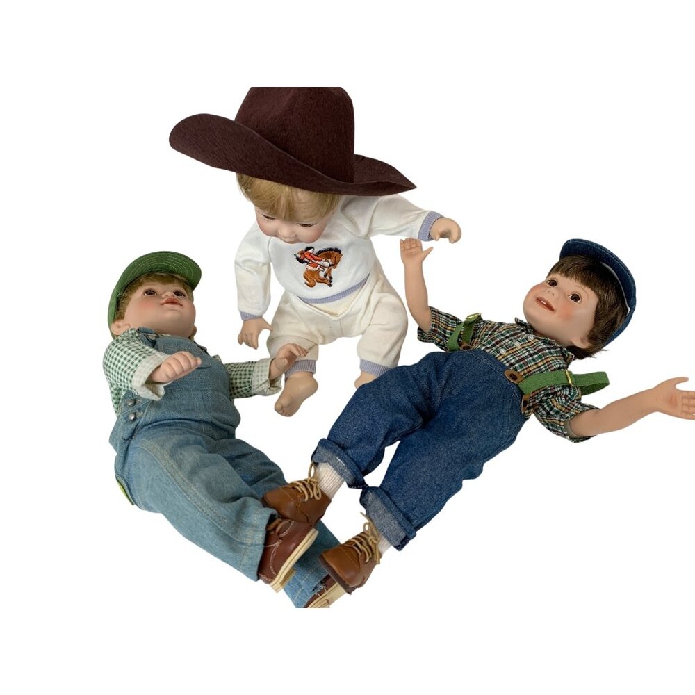 VTG 90s Danbury Mint Americana Farm Porcelain Bendable Dolls Set Of 3  L10133
